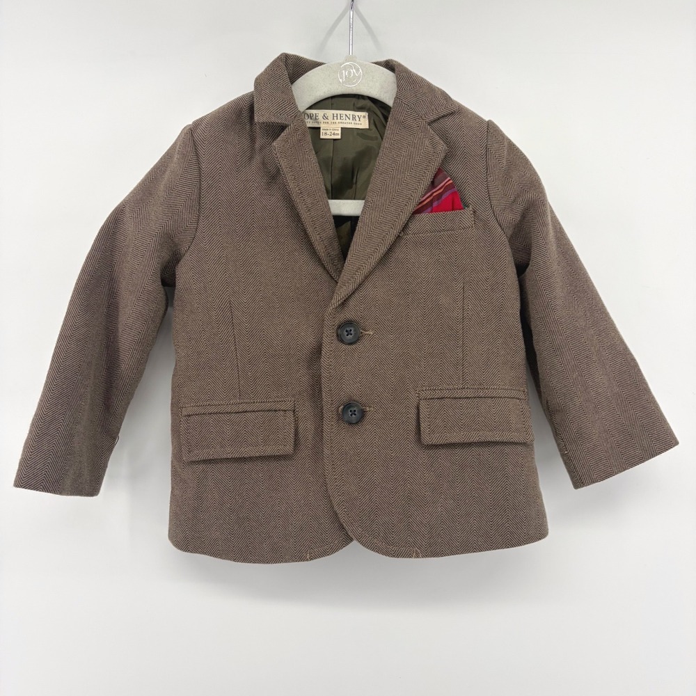 Hope & Henry Boys Brown Herringbone Suit Set 12-24M Organic Cotton
